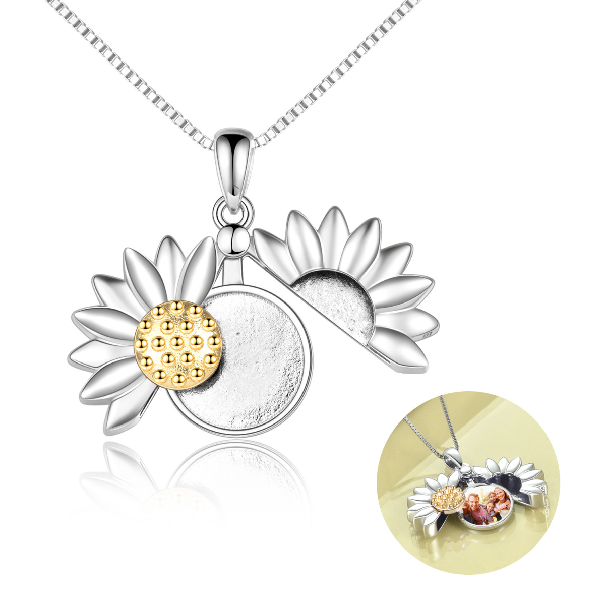 Sterling Silber zweifarbig Sonnenblume personalisierte Foto Medaillon Halskette mit Box Kette-1