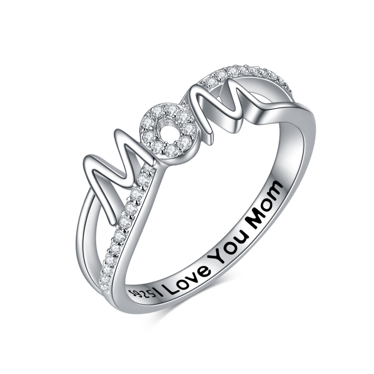Sterling Silver Round Cubic Zirconia Mother Ring with Engraved Word-1