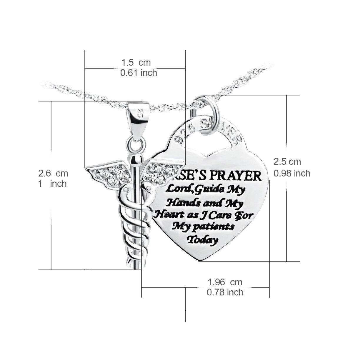 Halskette mit Caduceus-Herzanhänger aus Sterlingsilber mit eingraviertem Wort und Zirkonia-5