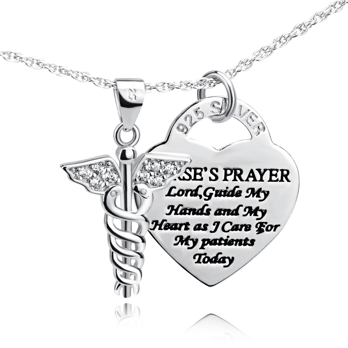 Sterling Silver Zircon Caduceus & Heart Pendant Necklace with Engraved Word-1