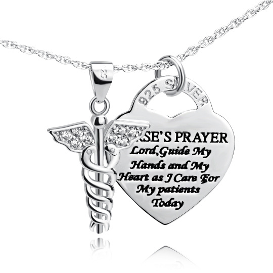 Sterling Silver Zircon Caduceus & Heart Pendant Necklace with Engraved Word