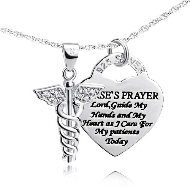 Sterling Silver Zircon Caduceus & Heart Pendant Necklace with Engraved Word-0