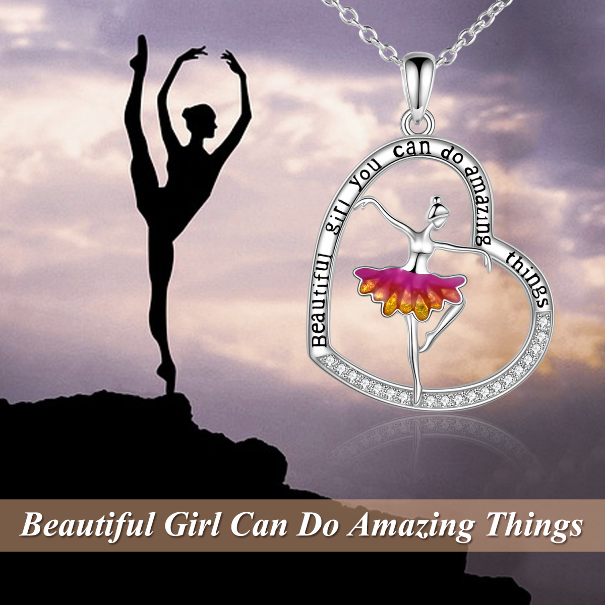 Sterling Silver Cubic Zirconia Ballet Dancer & Heart Pendant Necklace with Engraved Word-6