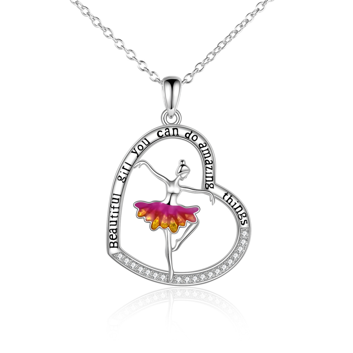 Sterling Silver Cubic Zirconia Ballet Dancer & Heart Pendant Necklace with Engraved Word-1