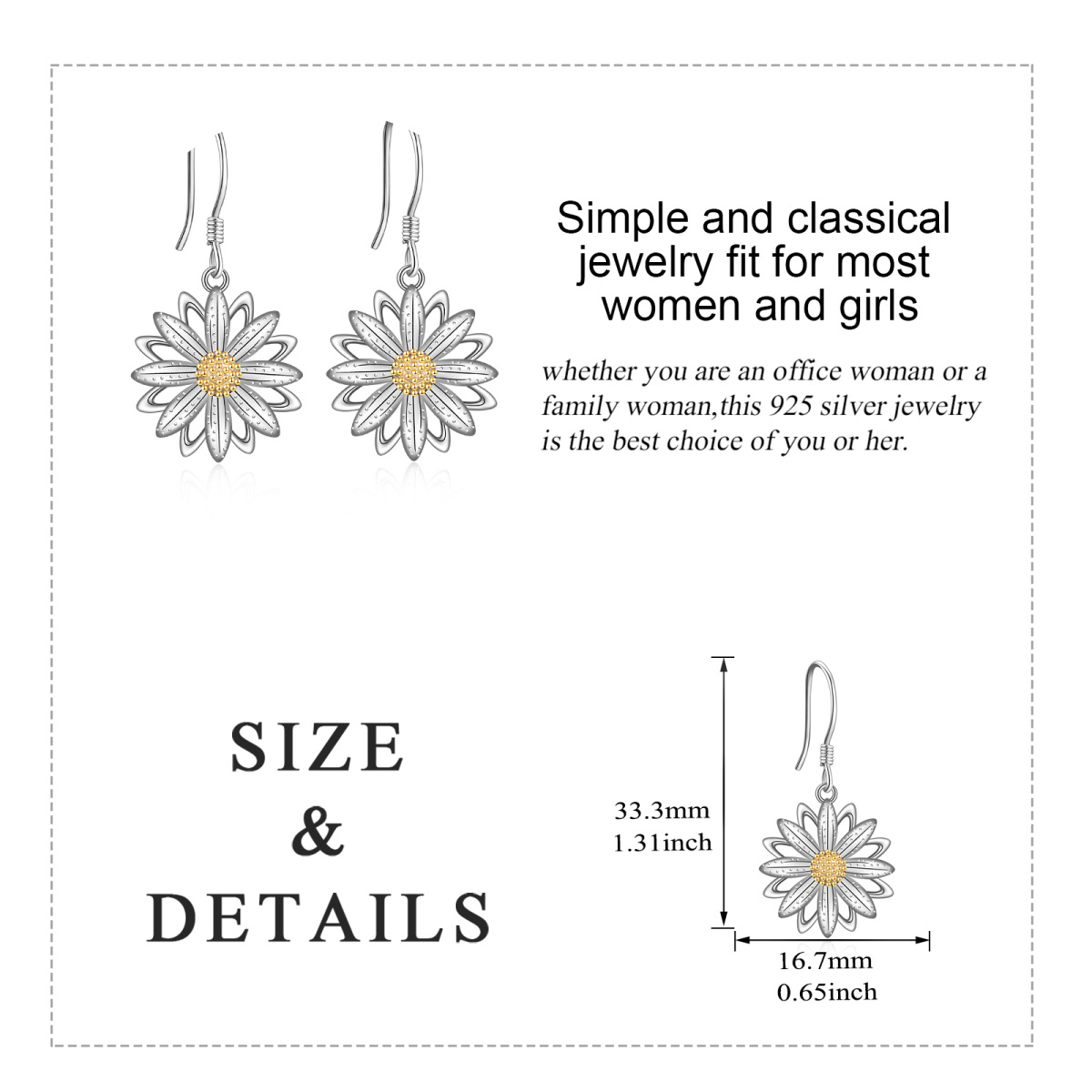 Sterling Silver Two-tone Daisy Drop Earrings-6