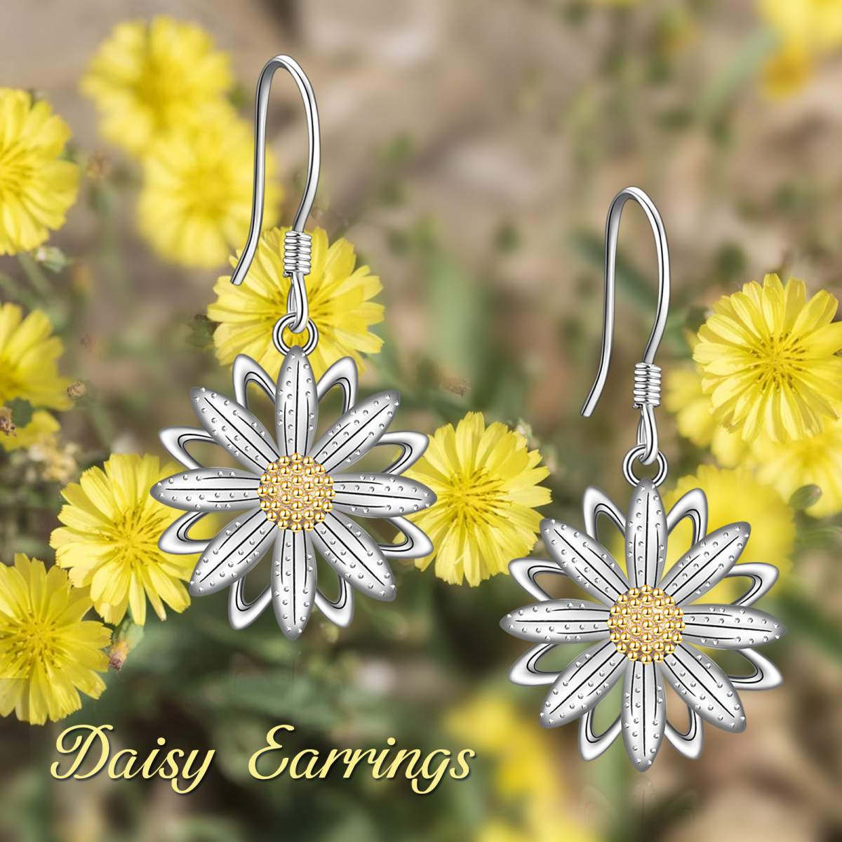 Sterling Silver Two-tone Daisy Drop Earrings-5