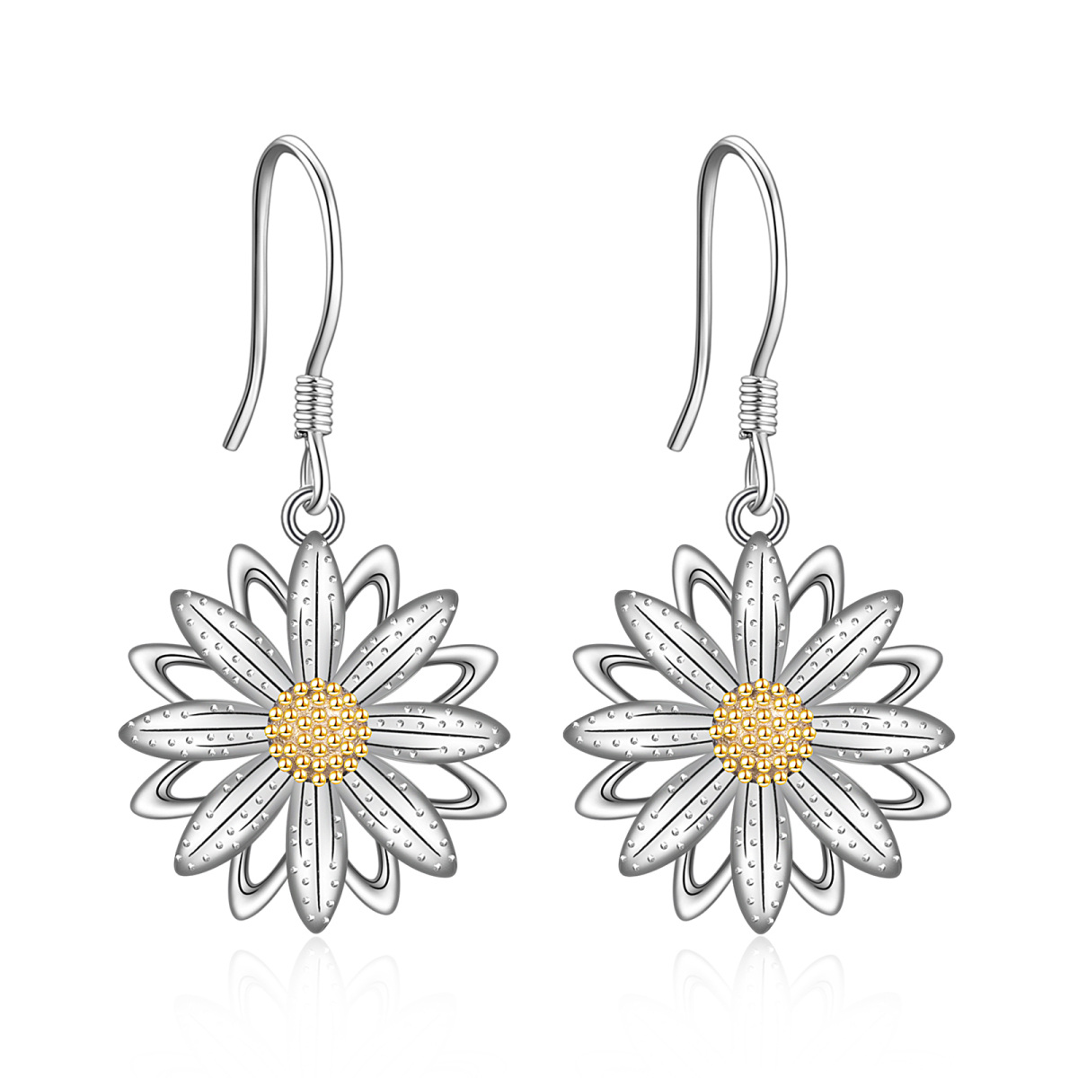 Sterling Silver Two-tone Daisy Drop Earrings-1