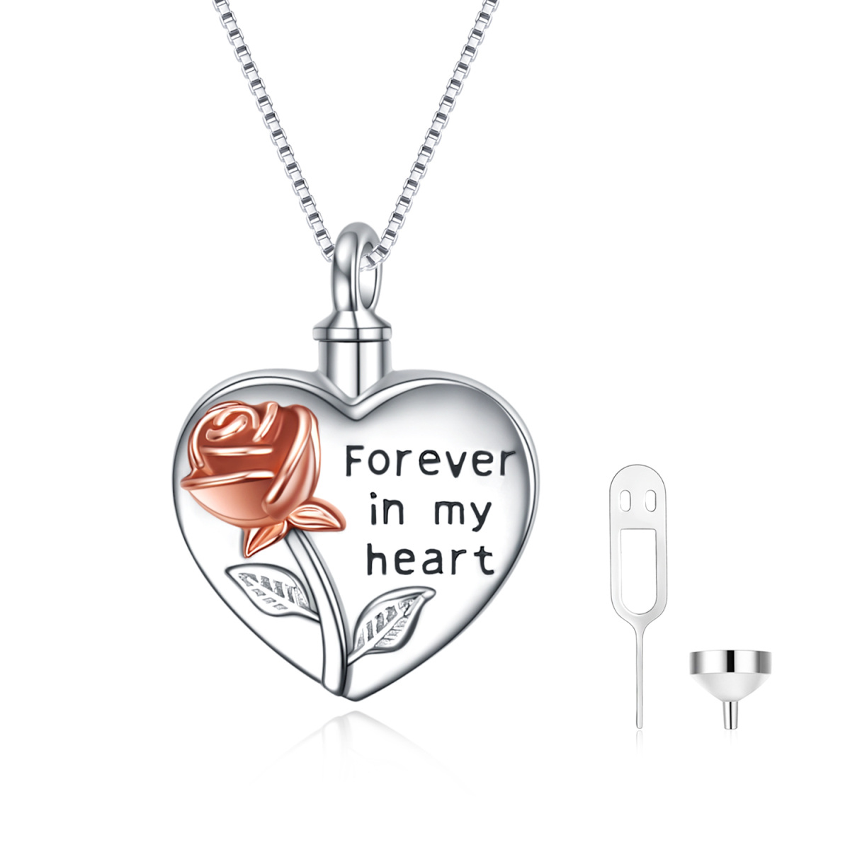 Sterling Silver Two-tone Rose & Heart Urn Necklace for Ashes with Engraved Word-1
