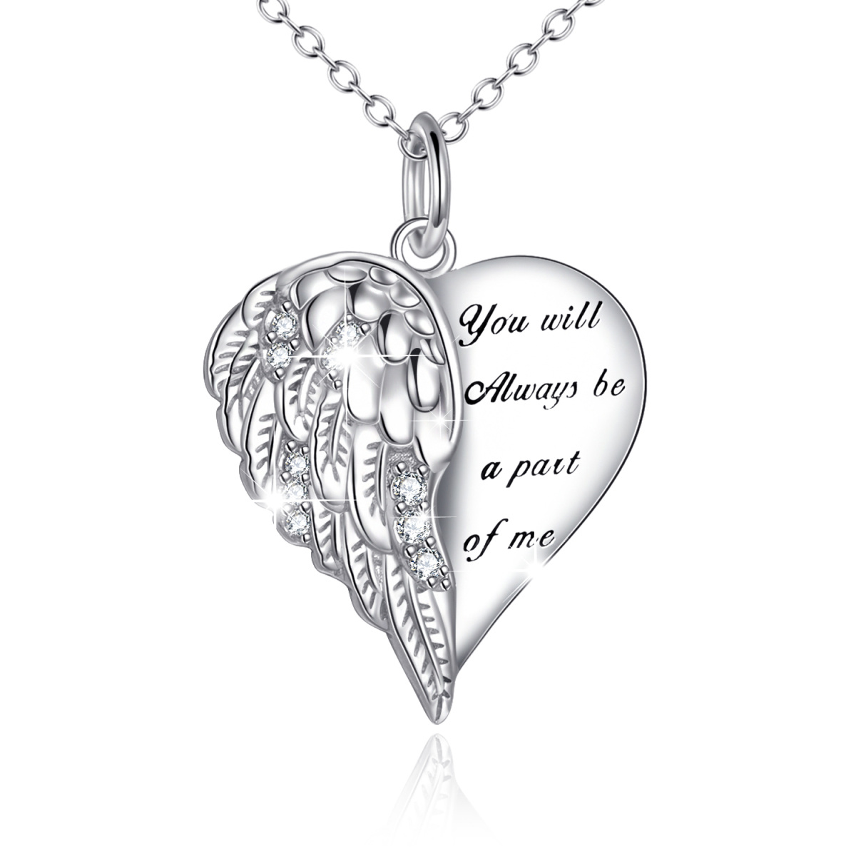 Sterling Silver Round Zircon Angel Wing & Heart Pendant Necklace with Engraved Word-1