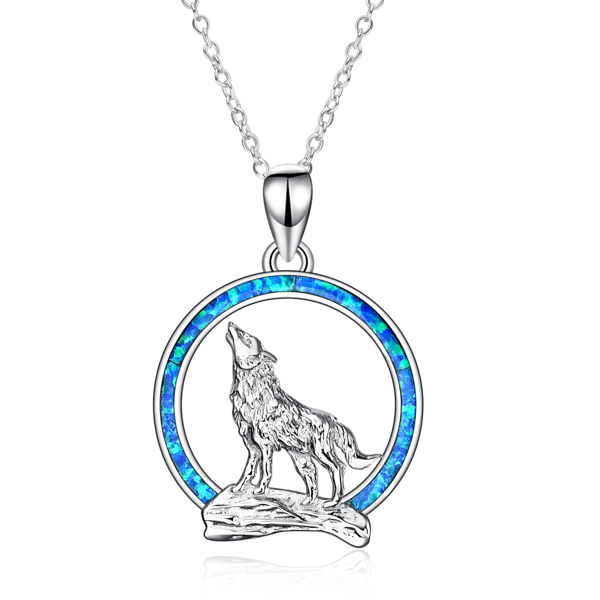 Sterling Silver Blue Opal Wolf Pendant Necklace-1