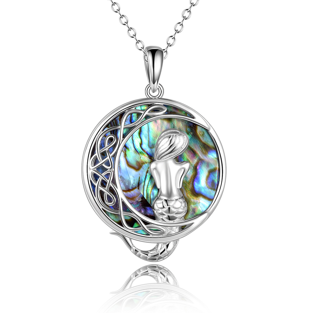 Sterling Silver Circular Shaped Abalone Shellfish Celtic Knot & Mermaid & Moon Pendant Necklace-1