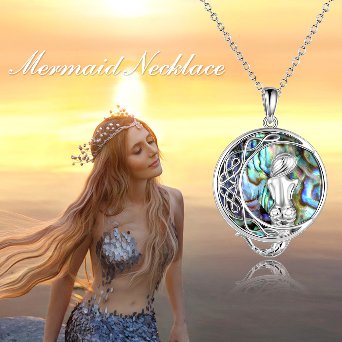 Sterling Silver Circular Shaped Abalone Shellfish Celtic Knot & Mermaid & Moon Pendant Necklace-6