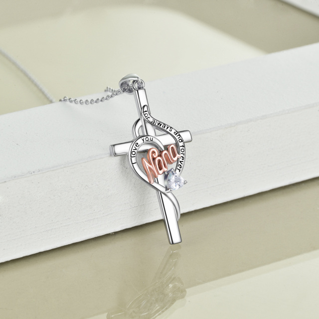 Sterling Silver Two-tone Heart Shaped Cubic Zirconia Cross & Heart Pendant Necklace with Engraved Word-4