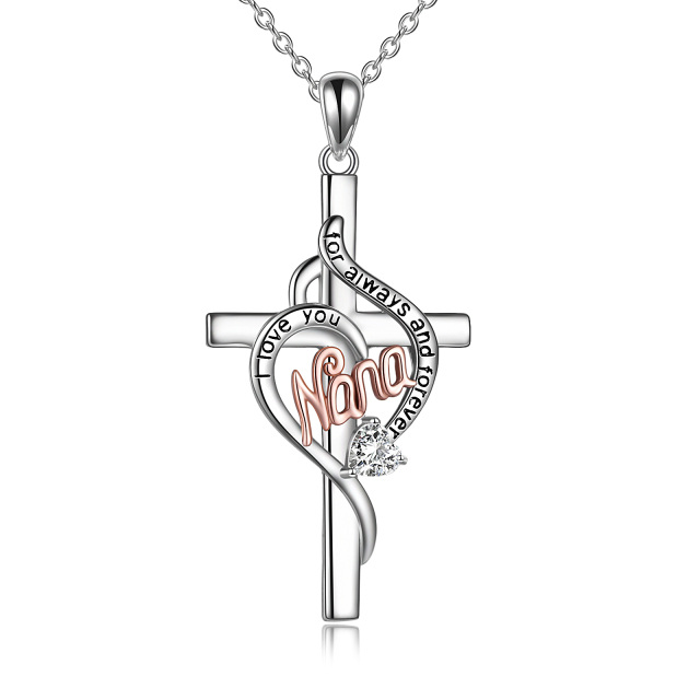 Sterling Silver Two-tone Heart Shaped Cubic Zirconia Cross & Heart Pendant Necklace with Engraved Word-1