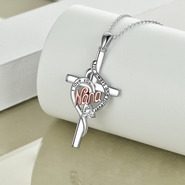 Sterling Silver Two-tone Heart Shaped Cubic Zirconia Cross & Heart Pendant Necklace with Engraved Word-3