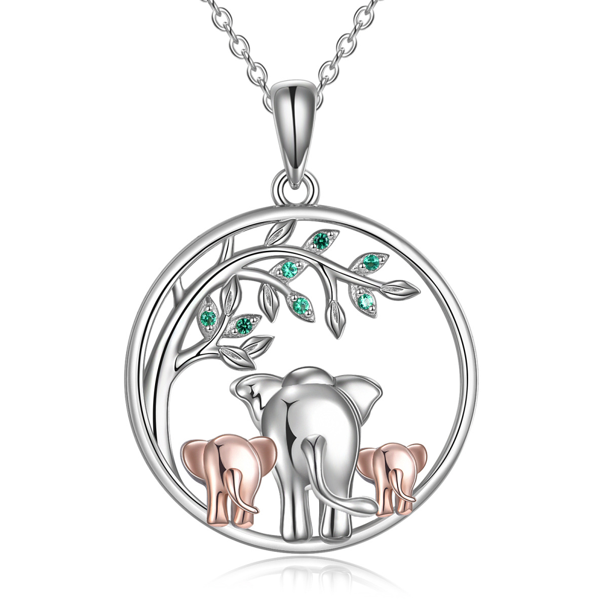 925 Silver Two-tone Cubic Zirconia Elephant & Tree Of Life Pendant Necklace-1
