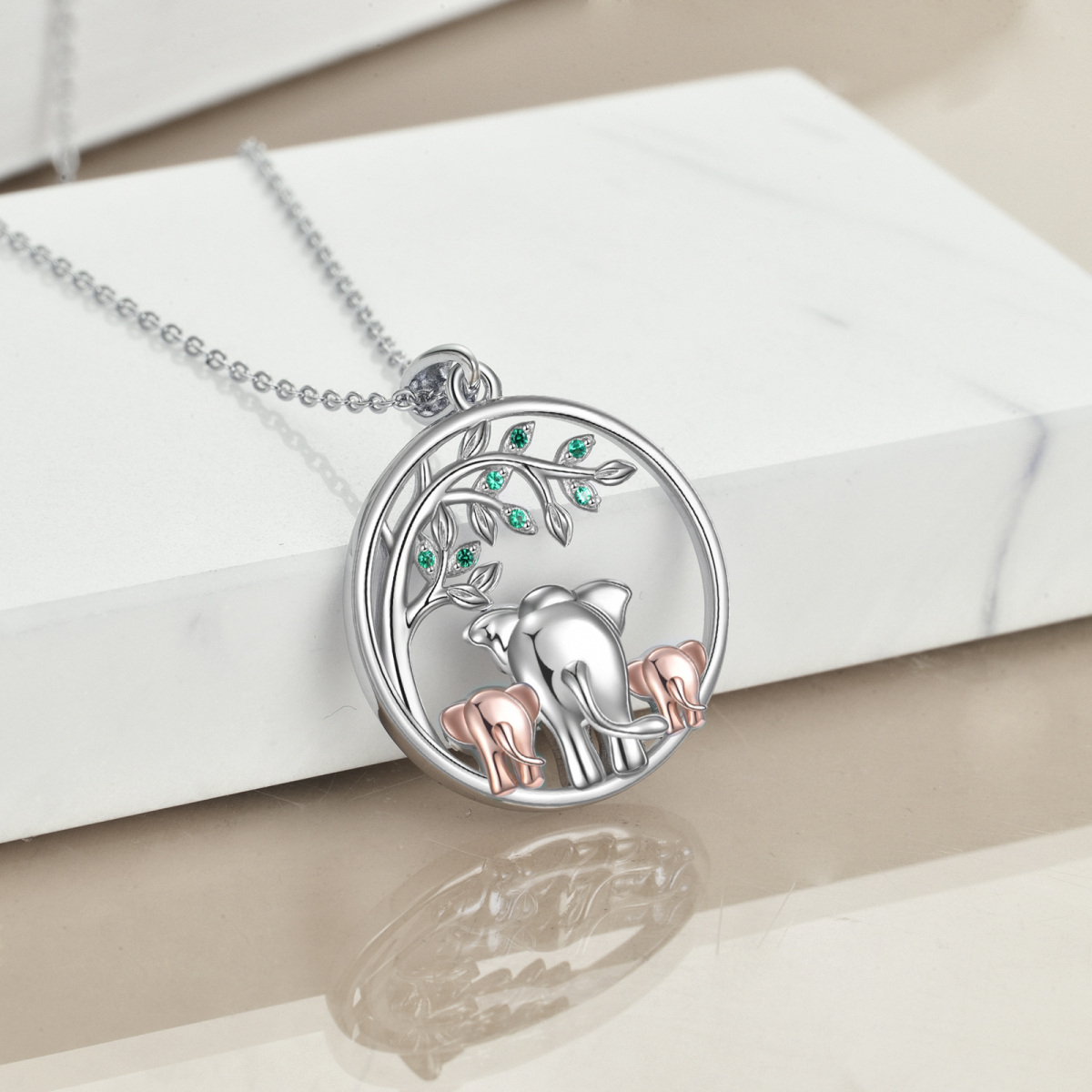 Sterling Silver Two-tone Circular Shaped Cubic Zirconia Elephant & Tree Of Life Pendant Necklace-4