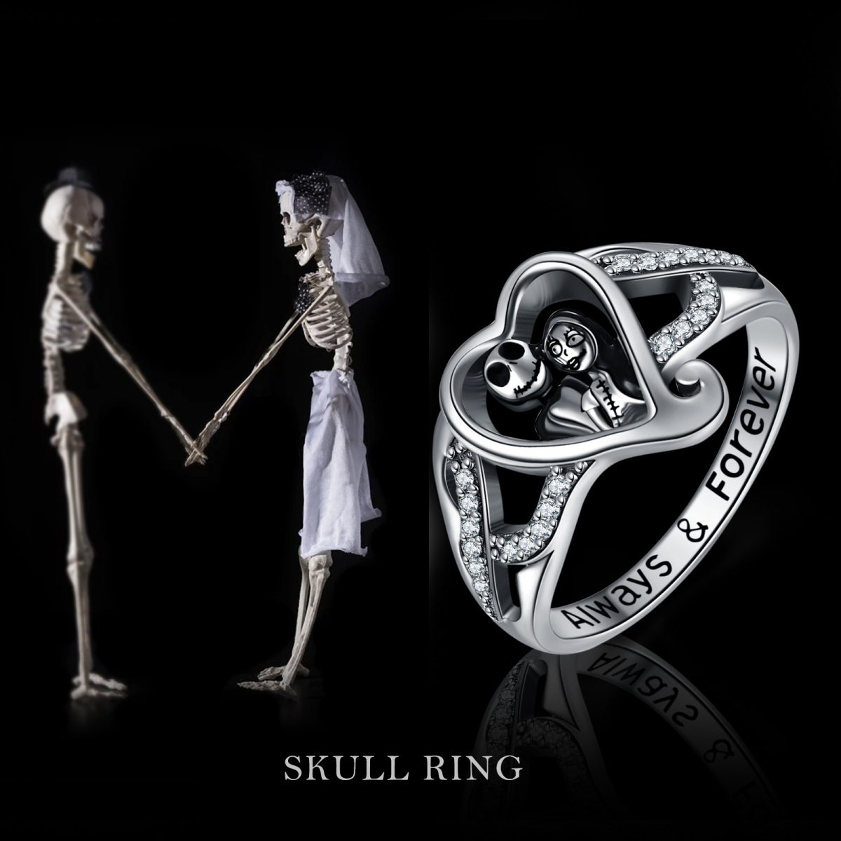 Sterling Silver Circular Shaped Cubic Zirconia Heart & Skeleton Ring with Engraved Word-6
