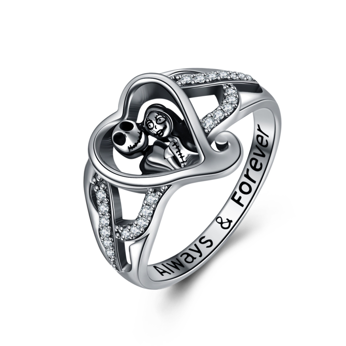 Sterling Silver Circular Shaped Cubic Zirconia Heart & Skeleton Ring with Engraved Word-1