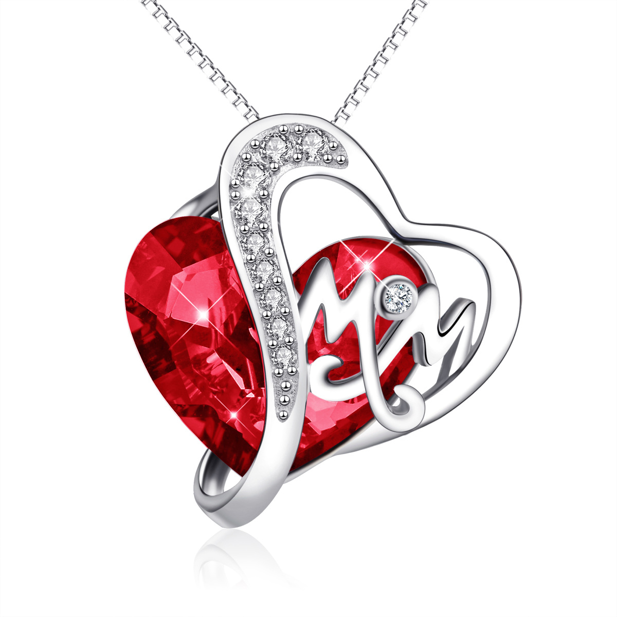 Sterling Silver Heart Shaped Garnet Crystal Mom Pendant Necklace-1
