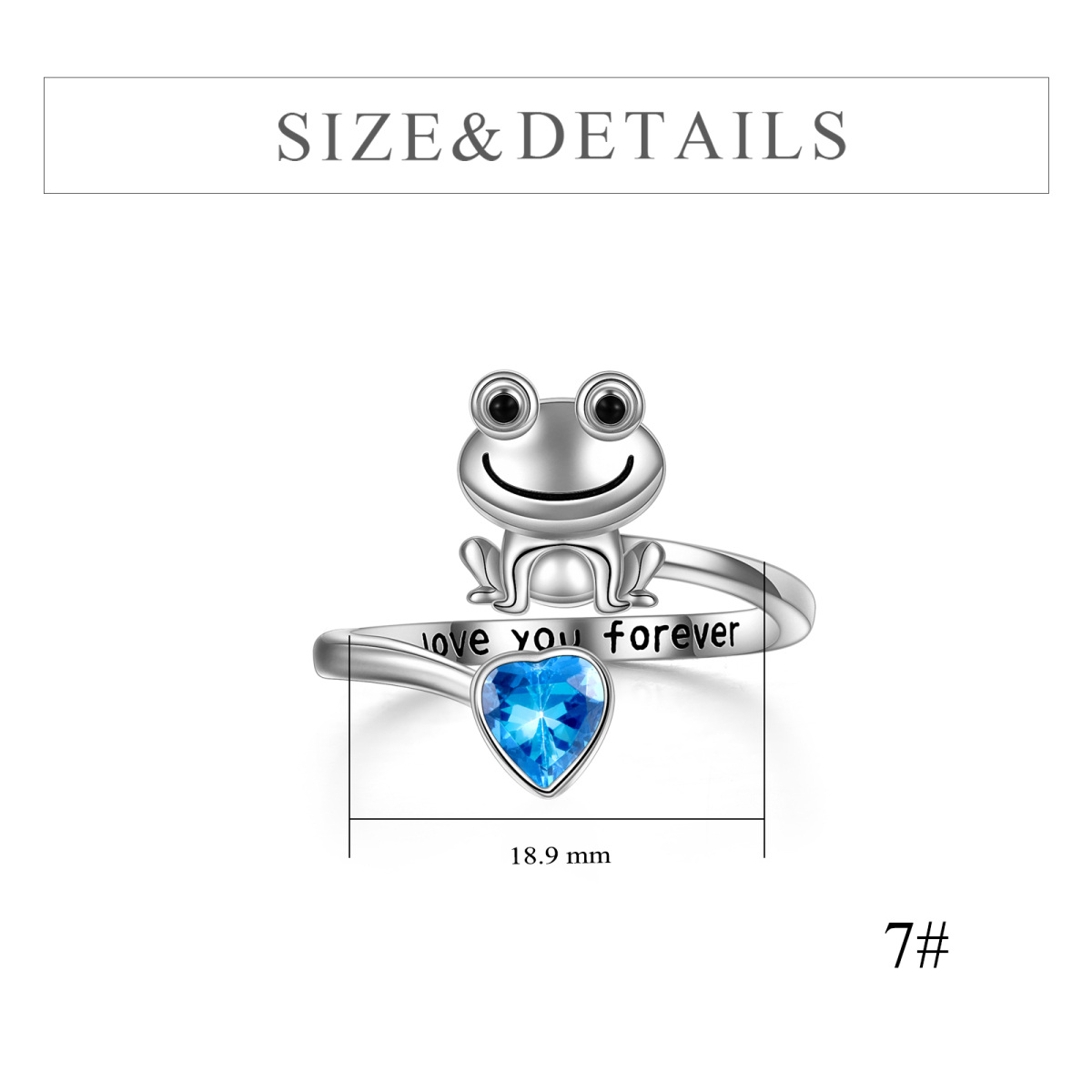Sterling Silver Heart Shaped Cubic Zirconia Frog & Heart Open Ring with Engraved Word-3