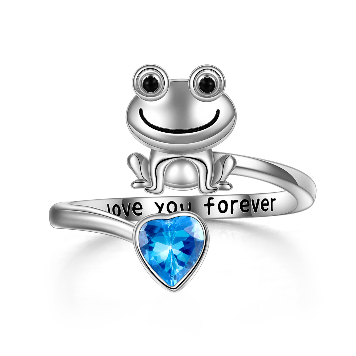 Sterling Silver Heart Shaped Cubic Zirconia Frog & Heart Open Ring with Engraved Word-1