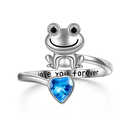 Sterling Silver Heart Shaped Cubic Zirconia Frog & Heart Open Ring with Engraved Word