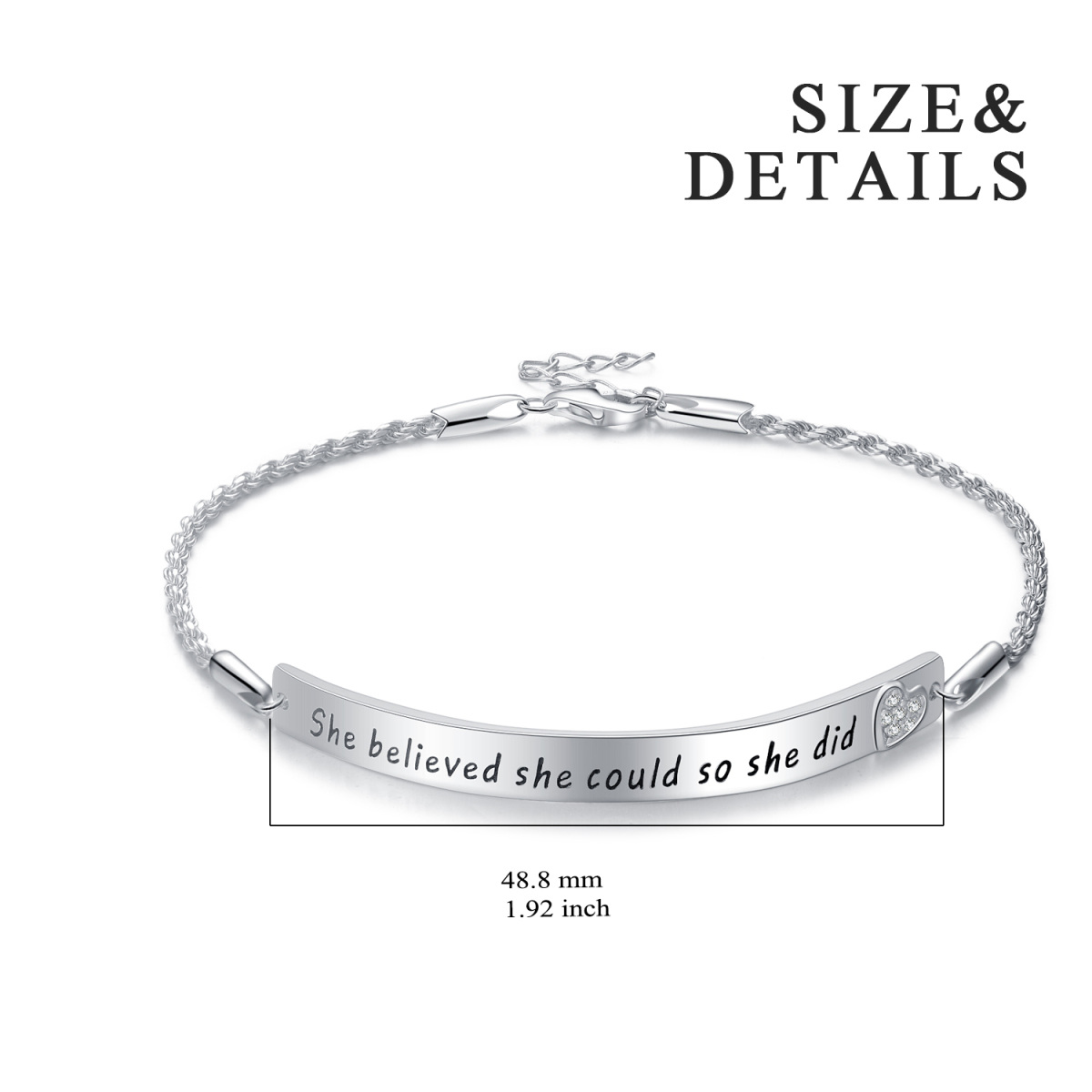 Sterling Silver Circular Shaped Cubic Zirconia Heart Identification Bracelet with Engraved Word-6