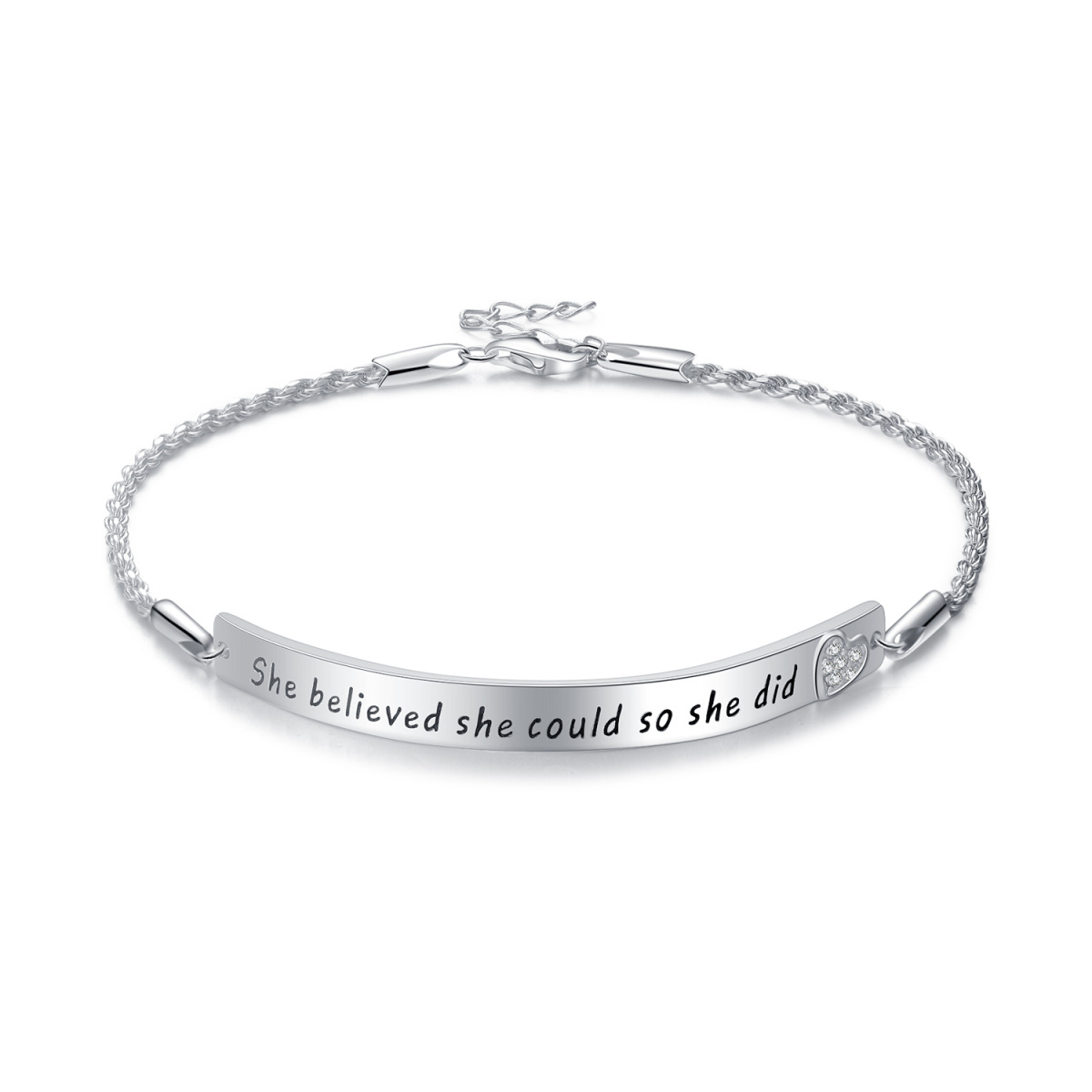 Sterling Silver Circular Shaped Cubic Zirconia Heart Identification Bracelet with Engraved Word-1