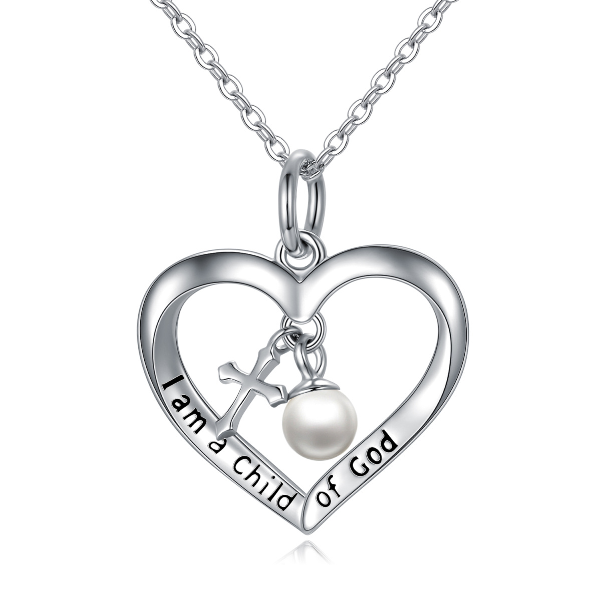 Sterling Silver Circular Shaped Pearl Cross & Heart Metal Choker Necklace with Engraved Word-1