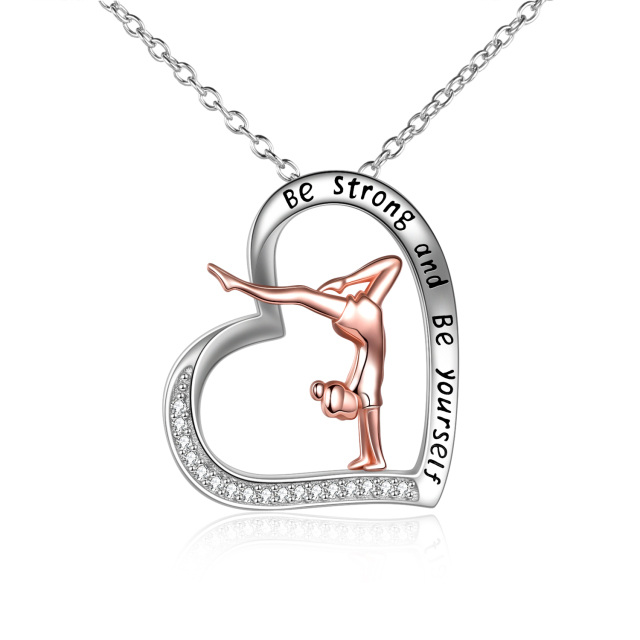 Sterling Silver Two-tone Cubic Zirconia Gymnastics & Heart Pendant Necklace with Engraved Word-0
