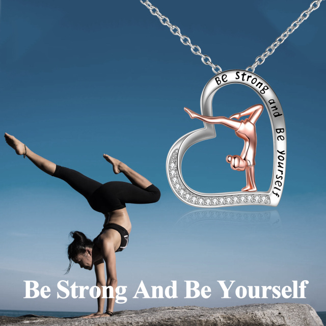 Sterling Silver Two-tone Cubic Zirconia Gymnastics & Heart Pendant Necklace with Engraved Word-3