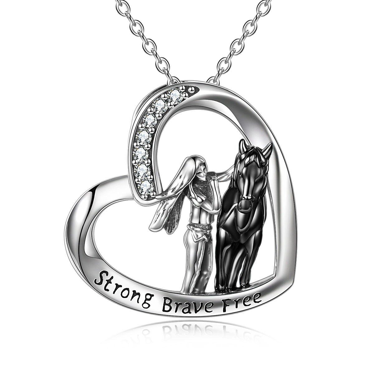 Sterling Silver Two-tone Circular Shaped Cubic Zirconia Horse & Heart Pendant Necklace with Engraved Word-1