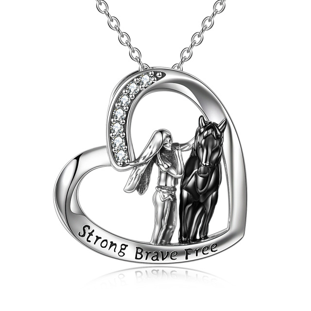 Sterling Silver Two-tone Circular Shaped Cubic Zirconia Horse & Heart Pendant Necklace with Engraved Word-0