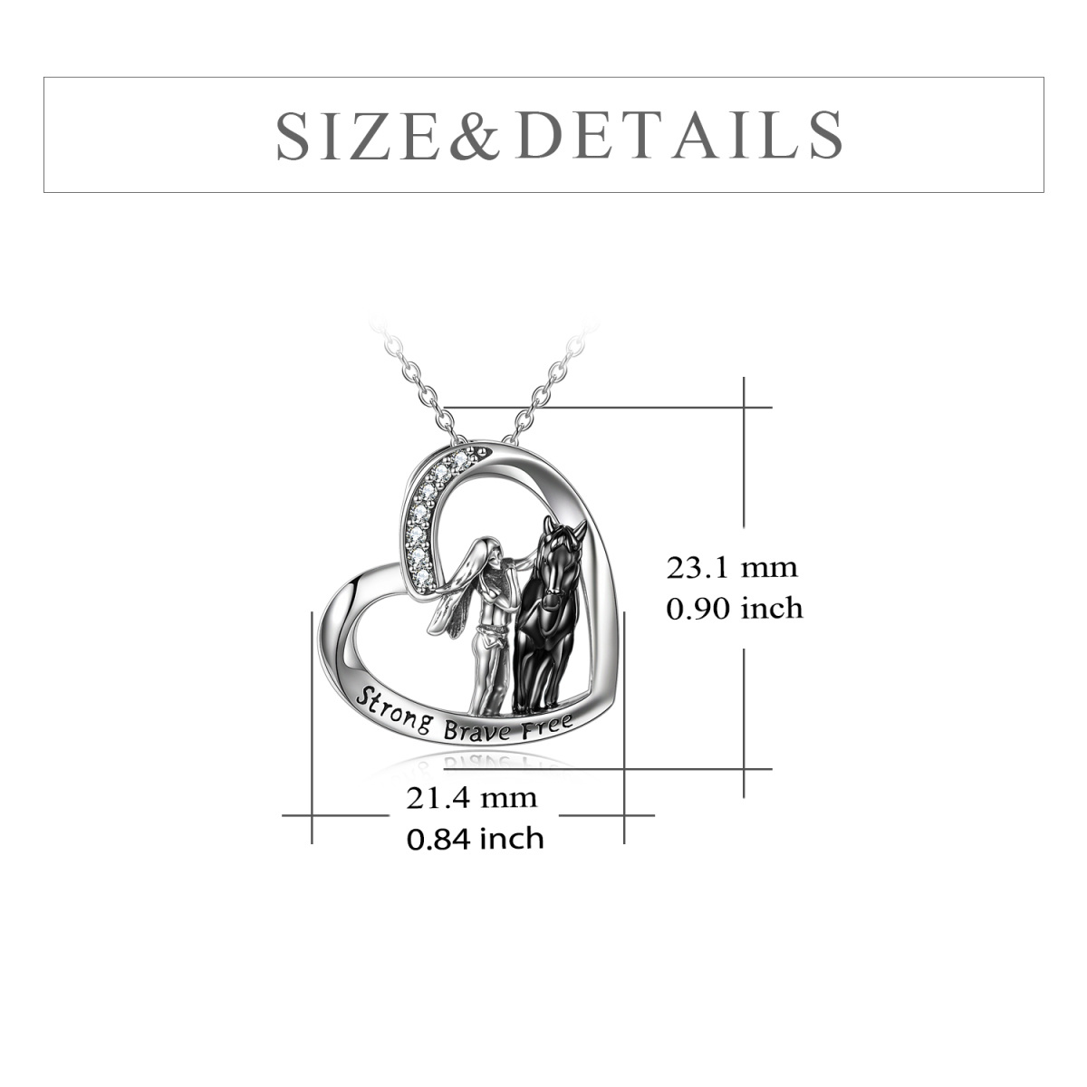 Sterling Silver Two-tone Circular Shaped Cubic Zirconia Horse & Heart Pendant Necklace with Engraved Word-5