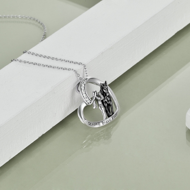 Sterling Silver Two-tone Circular Shaped Cubic Zirconia Horse & Heart Pendant Necklace with Engraved Word-4