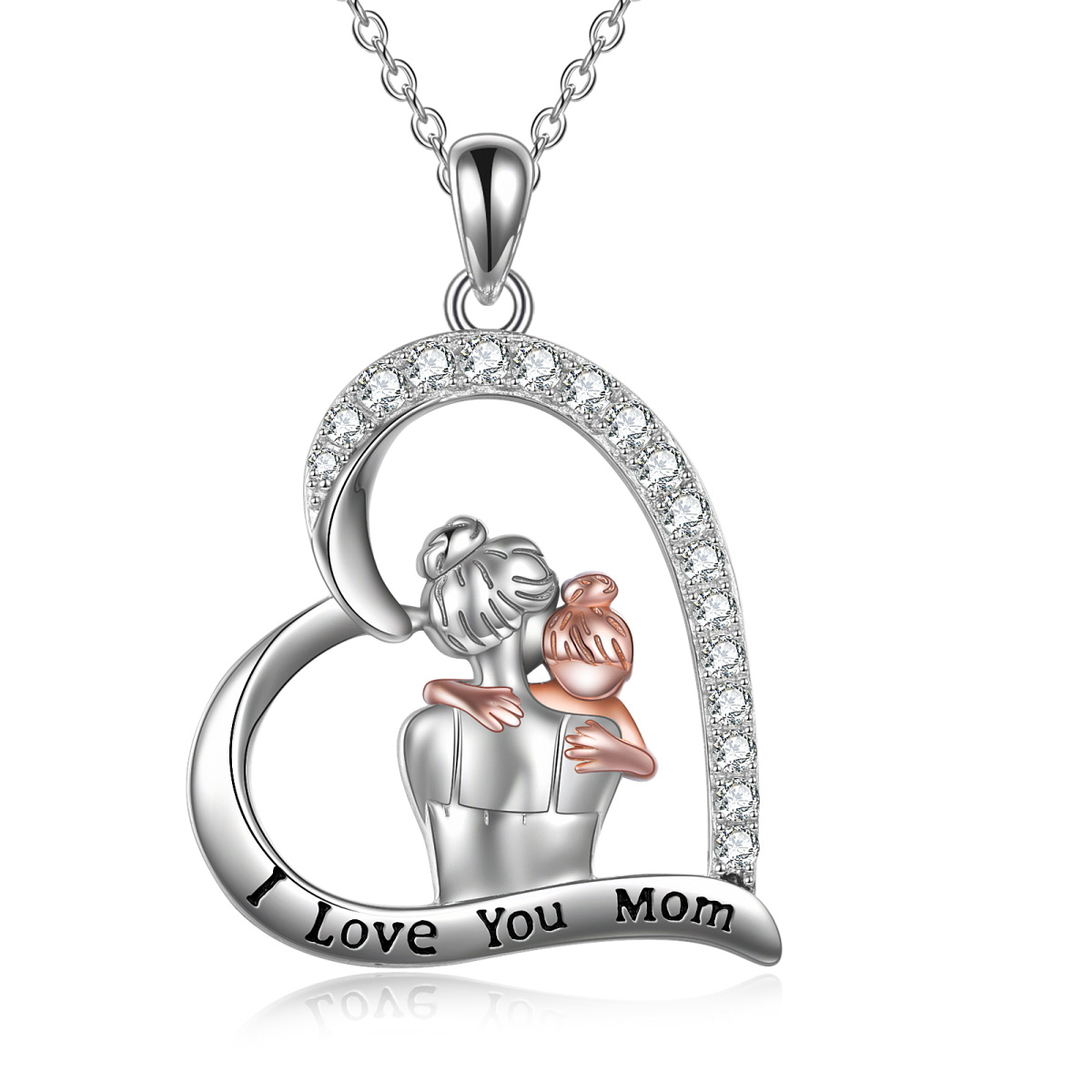 Collier en argent sterling avec pendentif en forme de coeur mère et fille bicolore gravé I Love You Forever-1