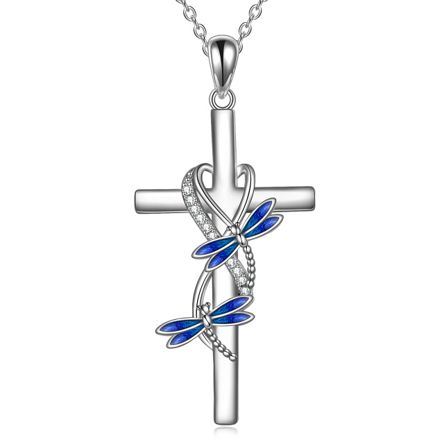 Sterling Silver Round Cubic Zirconia Dragonfly & Cross Pendant Necklace-1