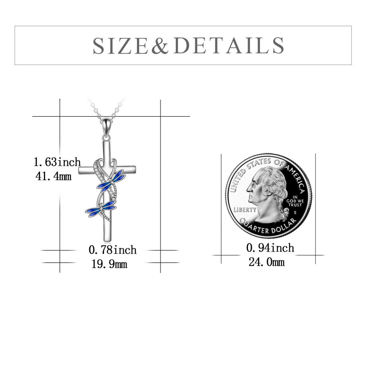 Sterling Silver Round Cubic Zirconia Dragonfly & Cross Pendant Necklace-4