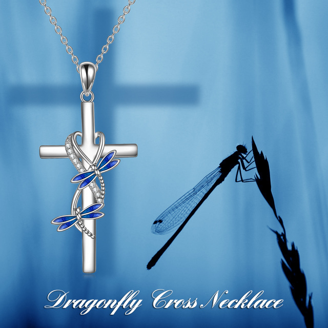 Sterling Silver Round Cubic Zirconia Dragonfly & Cross Pendant Necklace-3