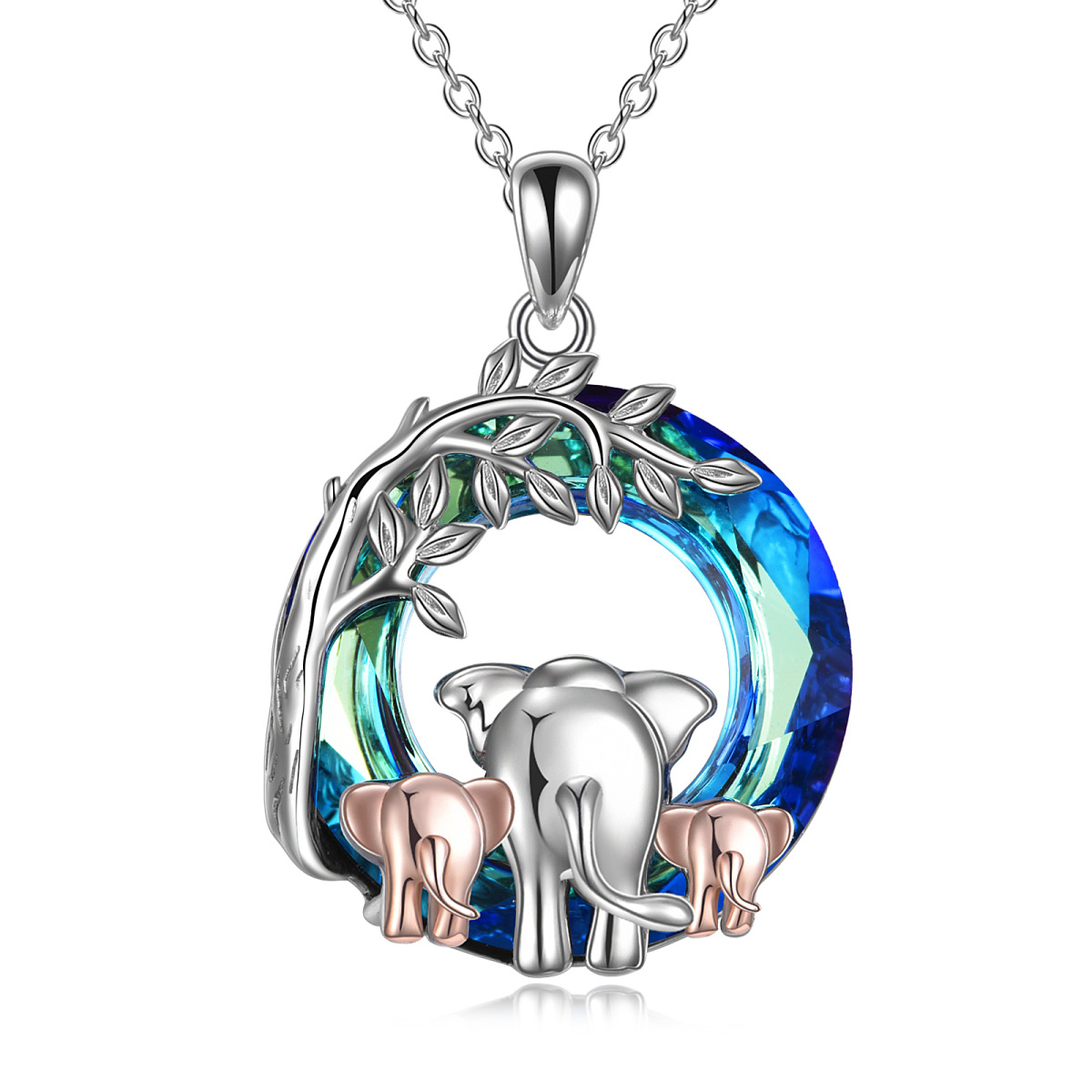 Sterling Silver Two-tone Circular Shaped Elephant Crystal Pendant Necklace with Engraved Word-1