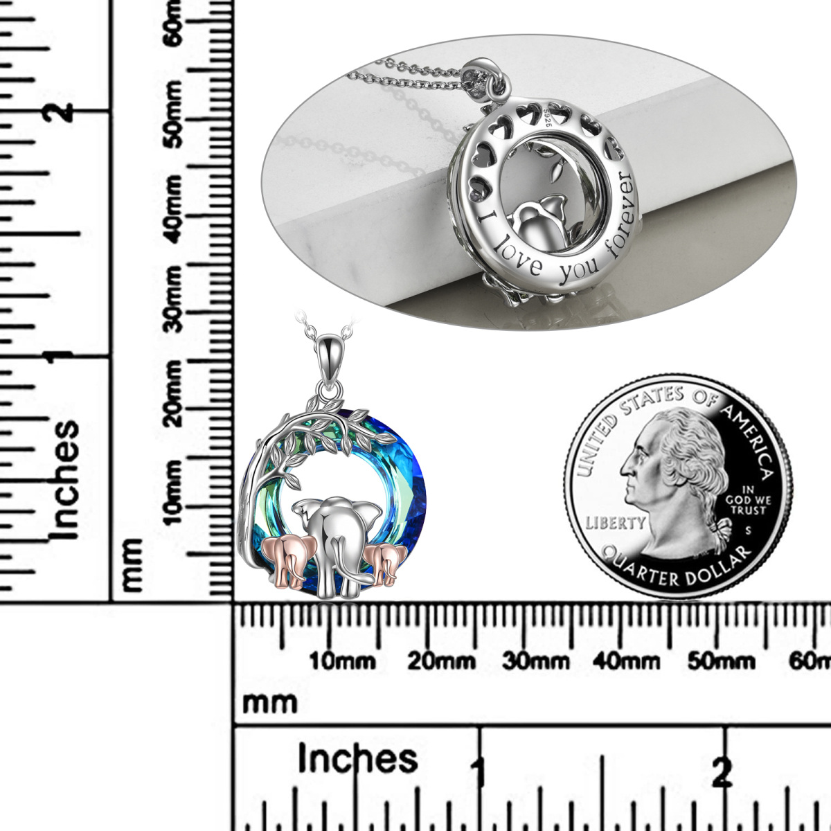 Sterling Silver Two-tone Circular Shaped Elephant Crystal Pendant Necklace with Engraved Word-6