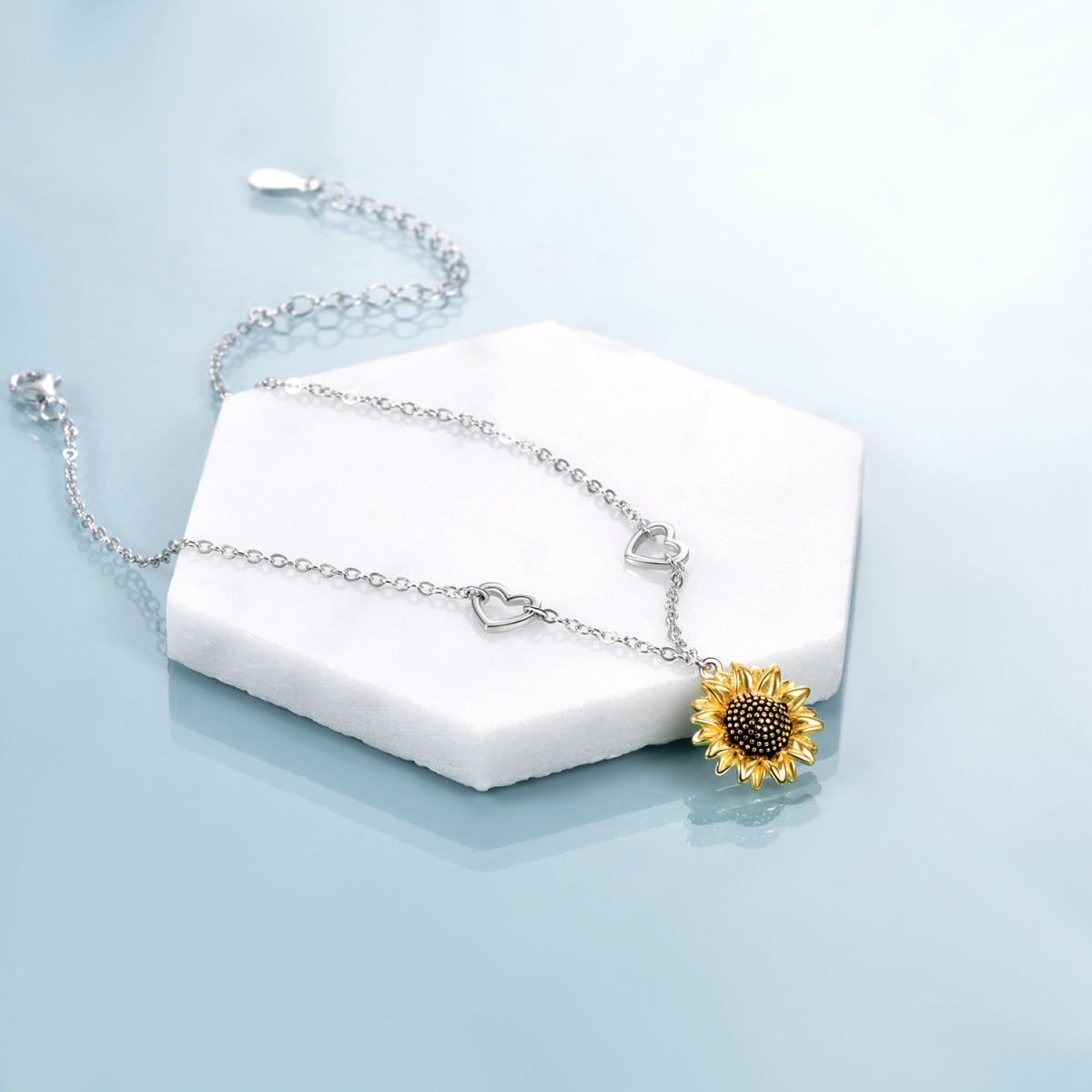 Sterling Silver Two-tone Sunflower & Heart Single Layer Anklet-4