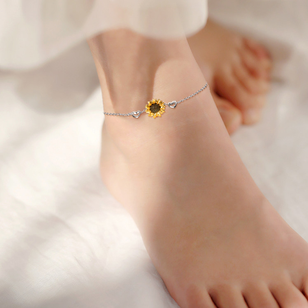 Sterling Silver Two-tone Sunflower & Heart Single Layer Anklet-2