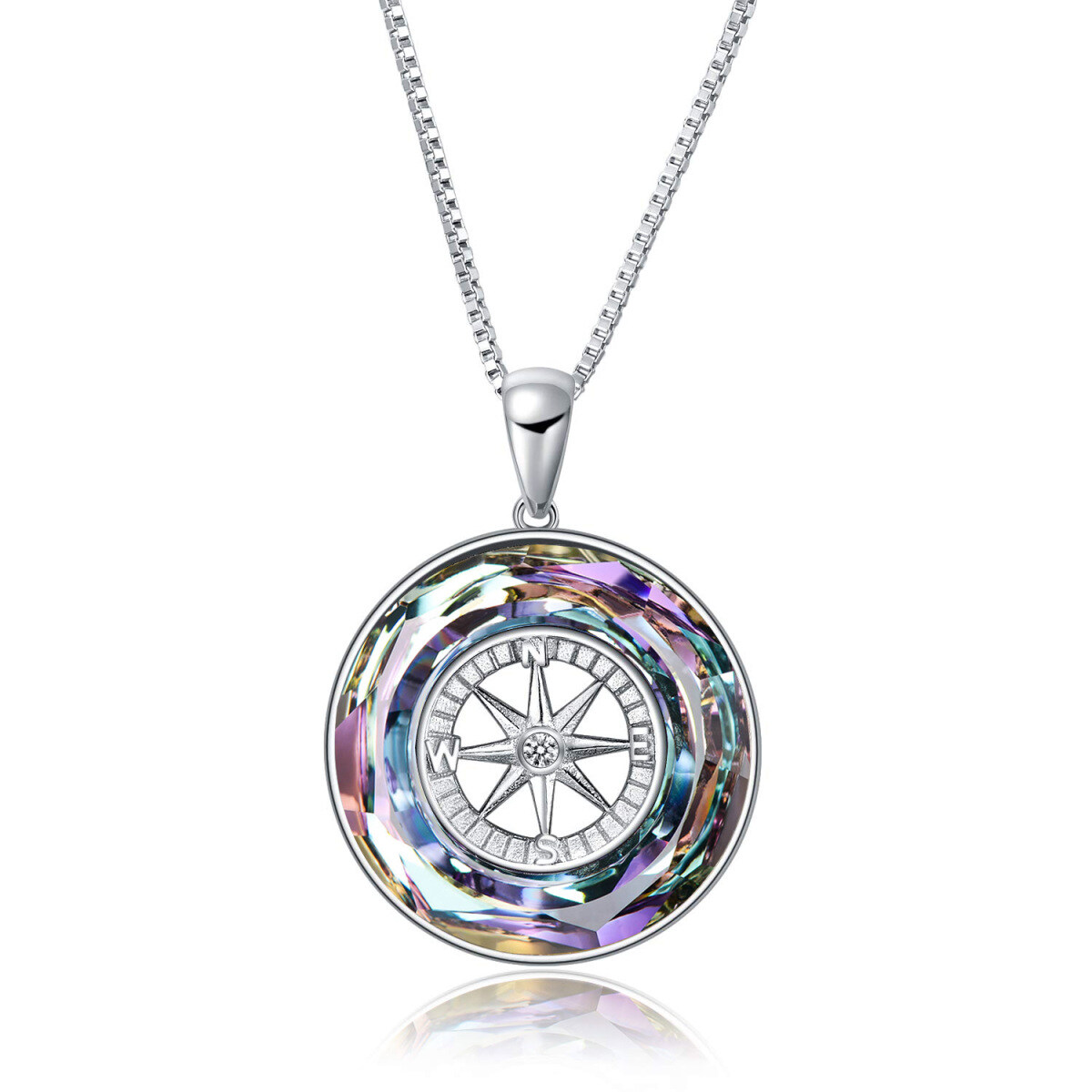 Sterling Silber kreisförmig Kompass Kristall Anhänger Halskette-1