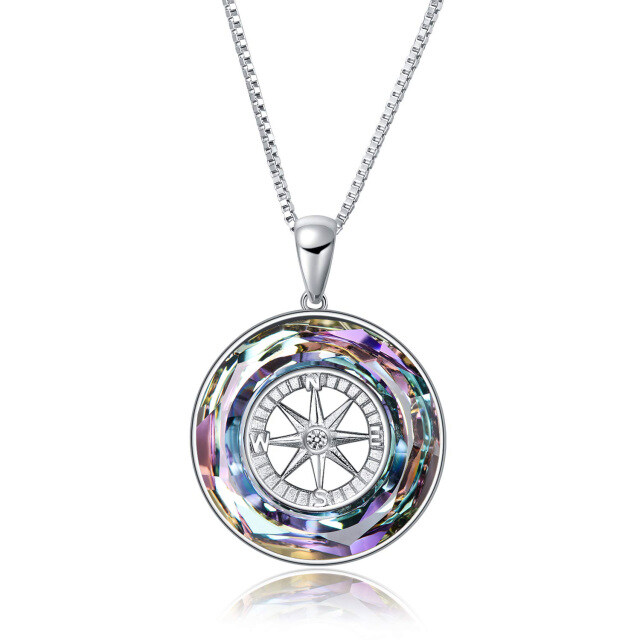 Sterling Silver Circular Shaped Compass Crystal Pendant Necklace-0