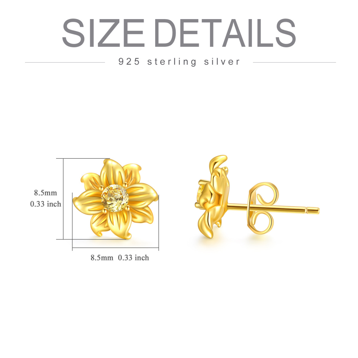 Sterling Silver with Yellow Gold Plated Circular Shaped Cubic Zirconia Sunflower Stud Earrings-5