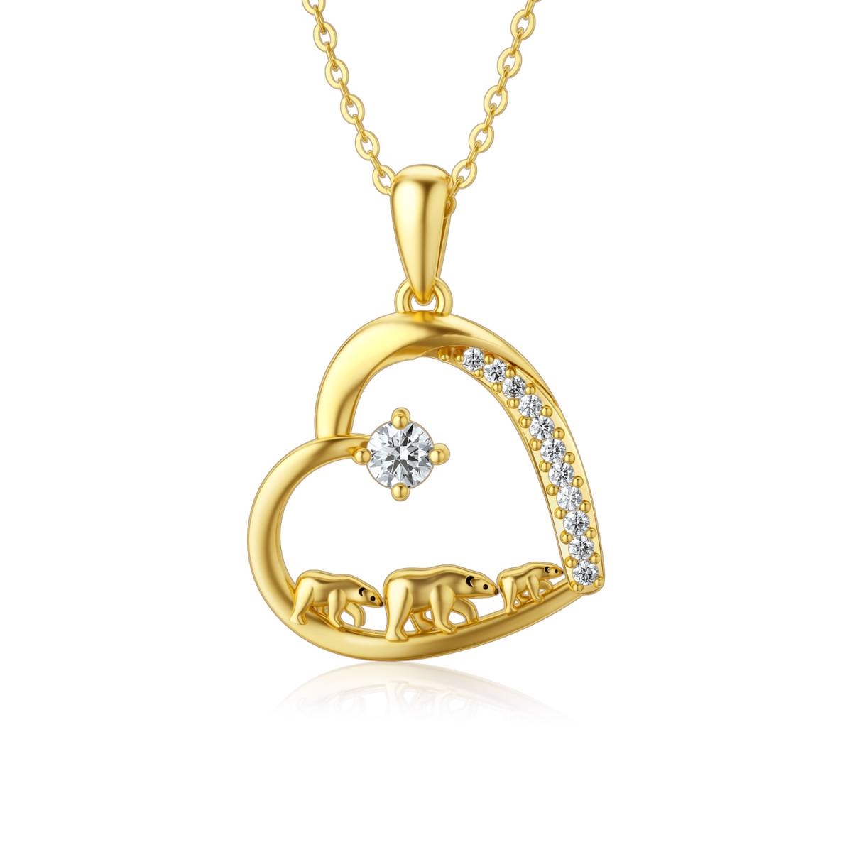 14K Gold Moissanite Polar Bear & Heart Pendant Necklace-1