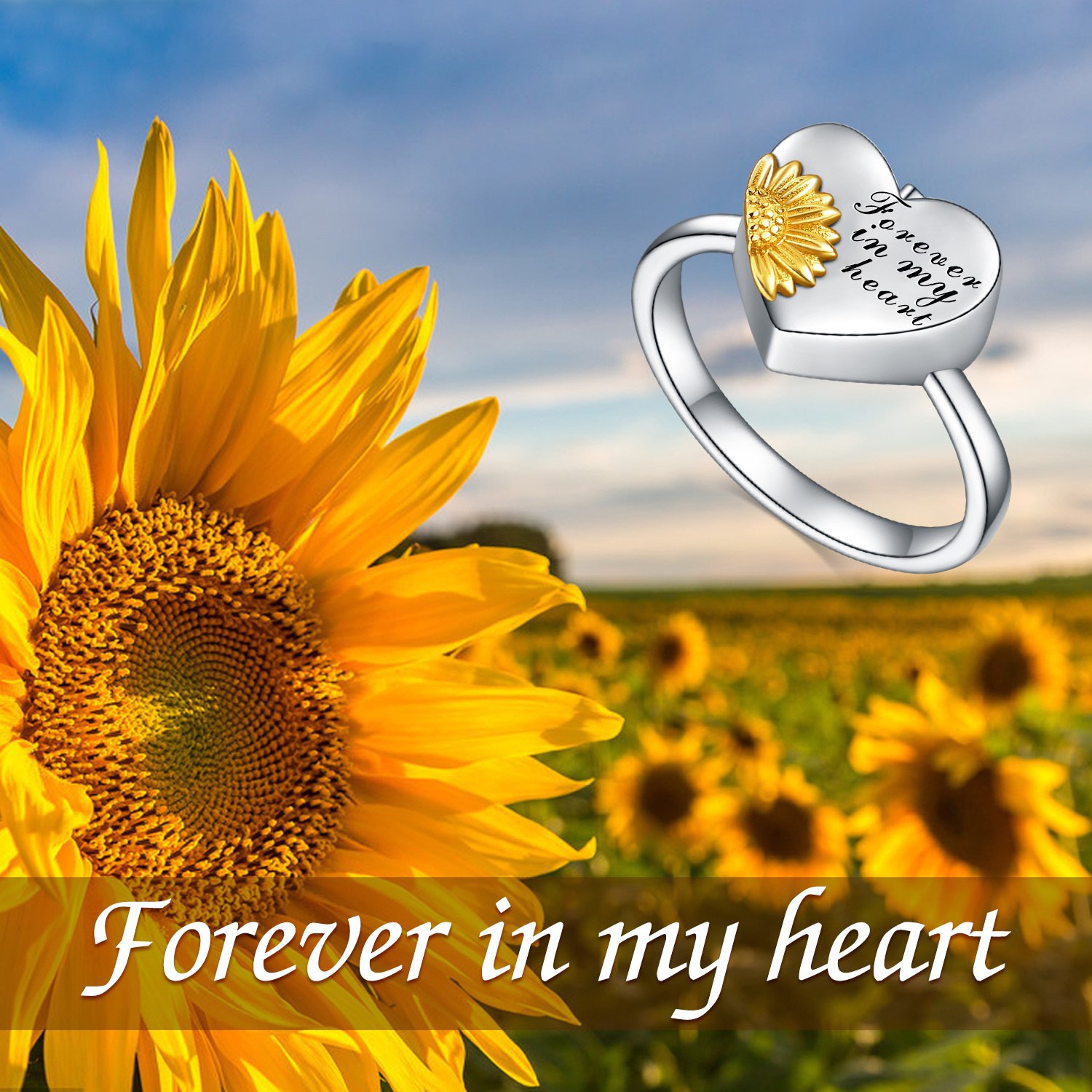 84d6d5ac594cfd642a636370866fa1c1PYJ0455 75 - Sterling Silver Wing Sunflower Cremation Urn  Holds Loved Ones Ashes Always in My Heart Ring for Ashes for Women