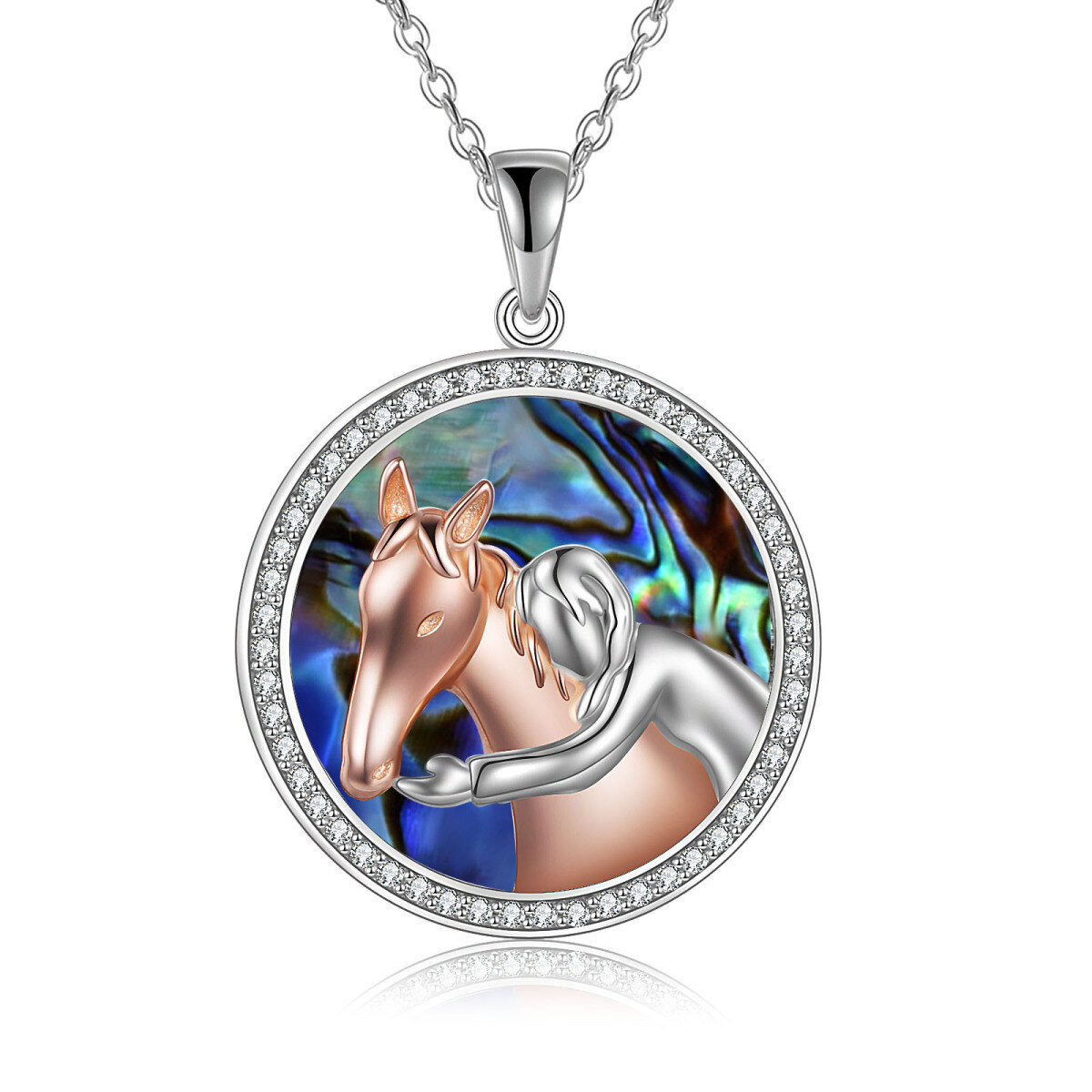 Sterling Silver Two-tone Abalone Shellfish & Cubic Zirconia Horse Pendant Necklace-1
